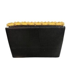 Waldman Vintage Black Leather Satin Lined Clutch with Gold Edging Floral Detail